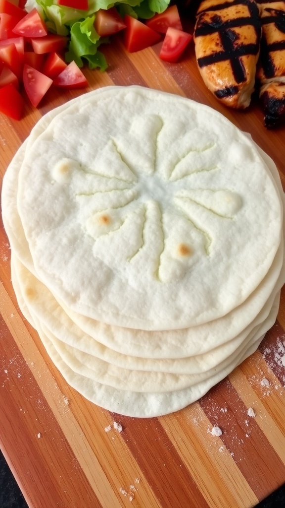 A stack of soft homemade tortillas on a cutting board with fresh ingredients for tacos in the background.